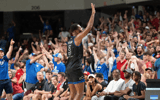 La Familia's Andrew Harrison (5) celebrates shooting the game winning point ending the game 70-61 against The Ville on Monday, July 29, 2024 at Freedom Hall in Louisville, Ky. - © Clare Grant/Courier Journal / USA TODAY NETWORK